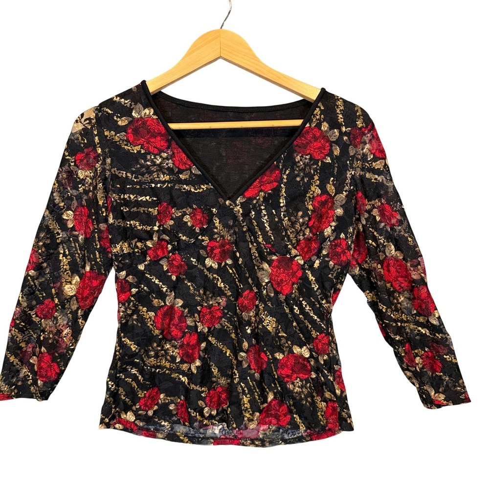 Unbranded Floral Lace Top Women V-Neck Rose Print Gold Metallic M Black Red Goth